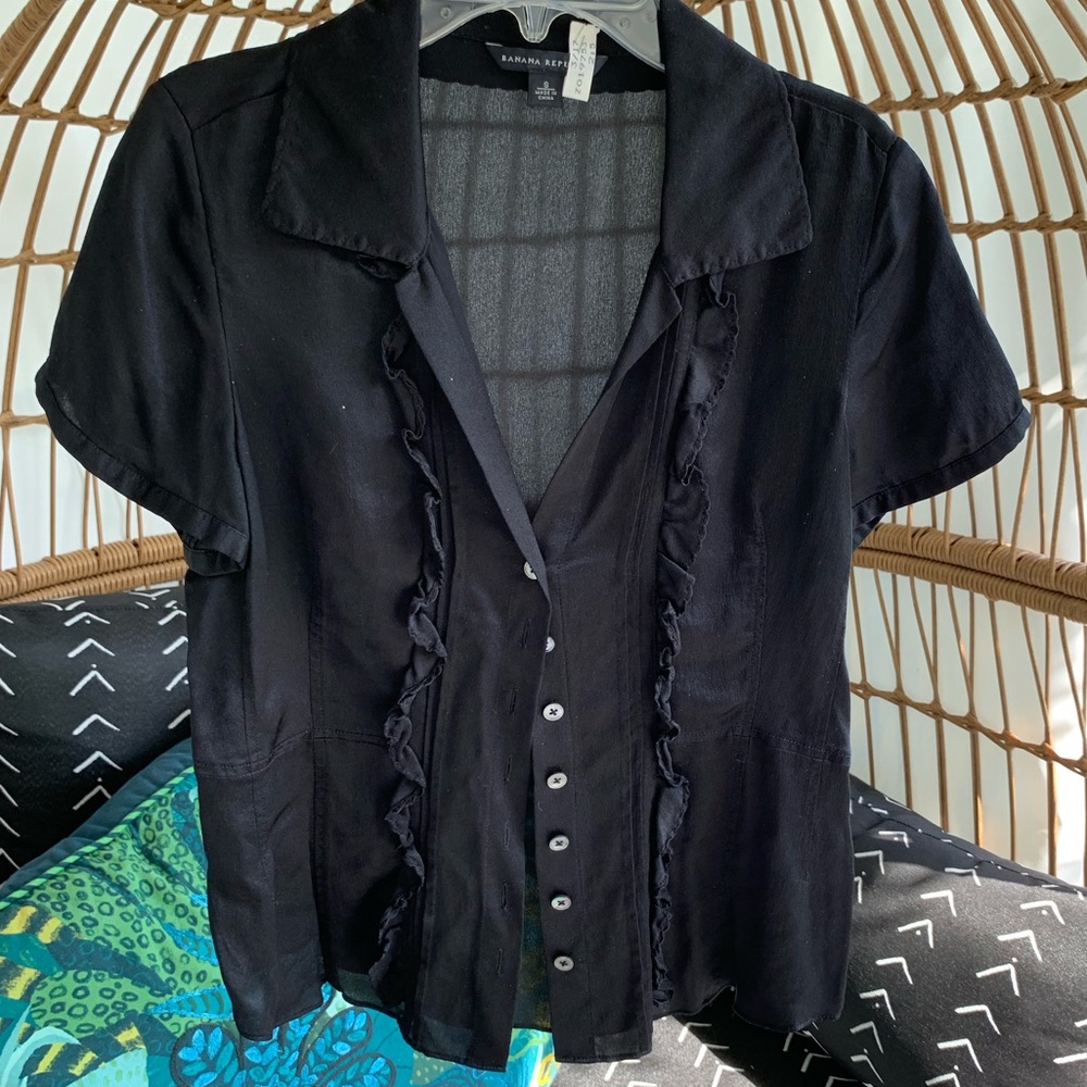 Banana Republic Black Silk Ruffle Blouse Size S